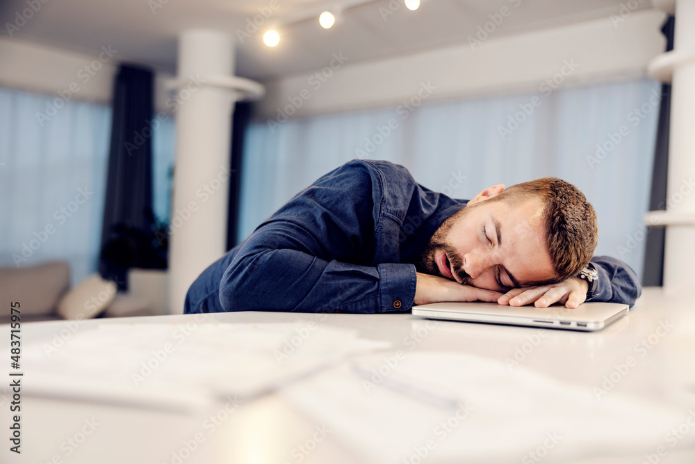 An exhausted entrepreneur sleeping on his laptop at home. An exhausted entrepreneur sleeping on his laptop at home.