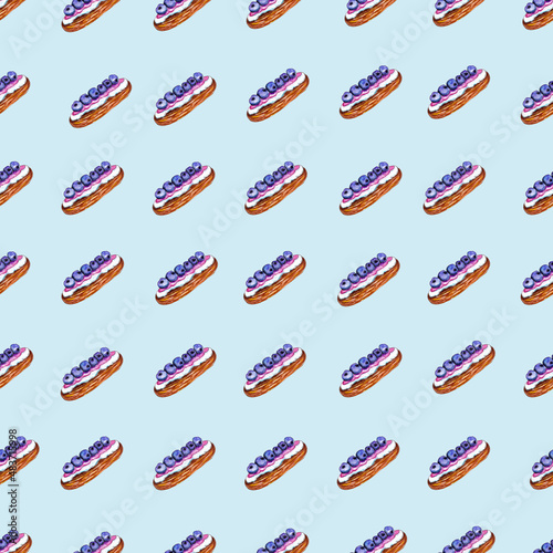 Simple seamless eclair pattern. Toasted eclair with butter cream and berry mousse and a few blueberries. Sweet watercolor,tasty illustration isolated on a pink background.Hand-drawn elements