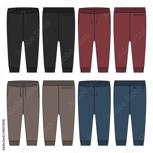 Multi color Set of collection Basic Sweat pant technical fashion flat sketch template front and back views. Apparel Fleece Cotton jogger pants vector illustration drawing mock up for kids and boys. 