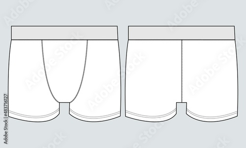 Male underwear Technical Fashion flat sketch vector illustration template front and back views. Pants boxers shorts isolated on white background. Men's underpants mock up CAD.