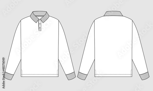 Long sleeve Polo shirt with pocket technical fashion flat sketch vector illustration template front and back views. 