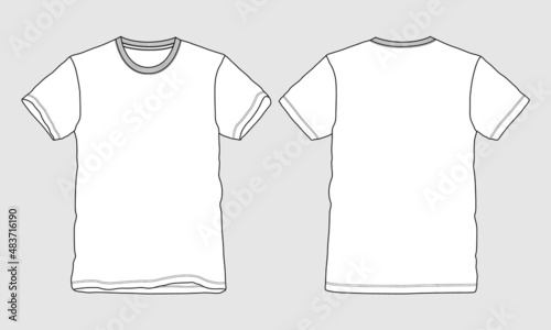 Short Sleeve basic T shirt Technical Fashion Flat sketch Vector Illustration Template Front, back views. Apparel design Mock up drawing Isolated on Grey backdrop. 