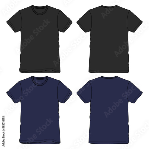 Black and navy color Short sleeve Basic T shirt overall technical fashion flat sketch vector illustration template front and back views. Apparel clothing mock up for men's and boys.
 photo