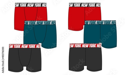 Multicolor Set of male underwear Technical Fashion flat sketch vector illustration template front and back views. Pants boxers shorts isolated on white background. Men's underpants mock up CAD.