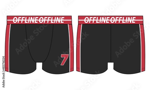 Male underwear pants Technical Fashion flat sketch vector illustration template front and back views. Pants boxers shorts isolated on white background. Men's underpants Black, Red color mock up CAD.