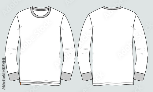Long sleeve round neck t shirt overall technical fashion flat sketch vector illustration template front and back views isolated on white background. Cotton jersey apparel design mock up.
