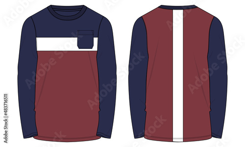 Two tone Red, Navy blue Long sleeve round neck With pocket and long bottom t shirt technical fashion flat sketch vector illustration template front, back views. Cotton fabric apparel design mock up. 