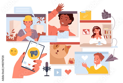 Video call, voice chat with messages from family and friends vector illustration. Cartoon computer window with different people in distant conference. Online communication, teleconference concept