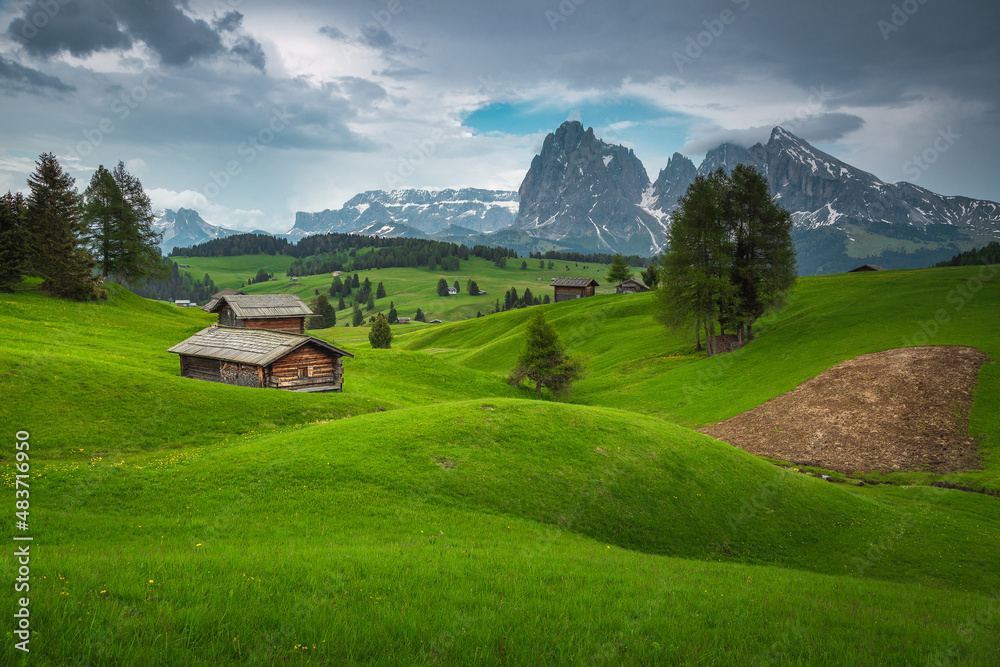 Spring scenery with snowy mountains and green fields, Dolomites, Italy