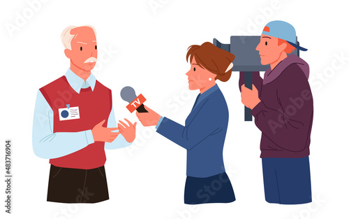 Interview with man for TV breaking news on television channel vector illustration. Cartoon female correspondent holding microphone in hand, cameraman recording live reportage isolated on white