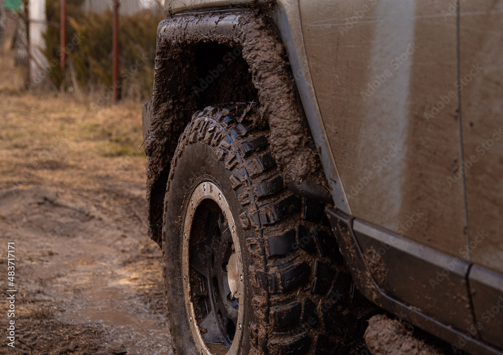 very dirty car wheel on the ground