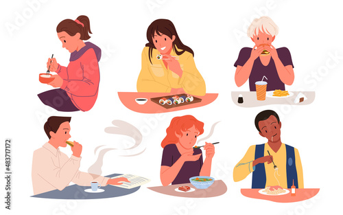 Hungry people eat food at table for breakfast, lunch or dinner vector illustration. Cartoon collection of happy young man and woman sitting with spoon or fork in hand and eating isolated on white