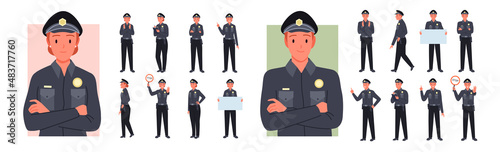 Fotografiet Police man and woman, guard poses set vector illustration