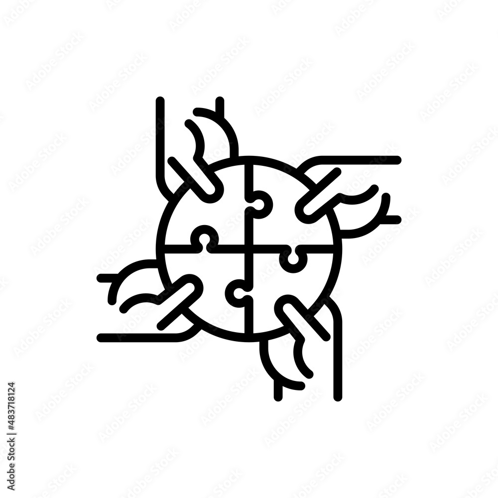 Four hands holding different pieces of puzzle. Symbol of social institutions, creative teamwork, connection and support. Thin line icon. Modern vector illustration. Four hands holding different pieces of puzzle. Symbol of social institutions, creative teamwork, connection and support. Thin line icon. Modern vector illustration.