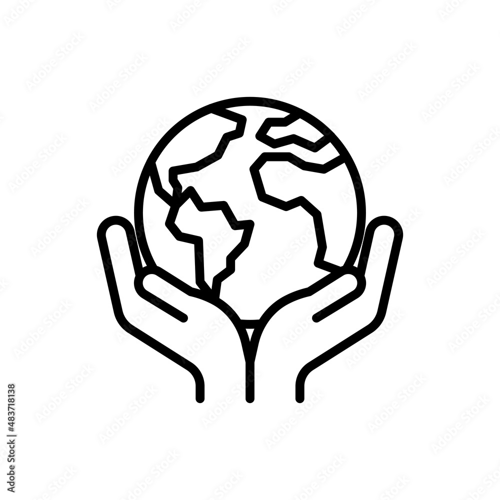 Save planet. Hands holding planet Earth. Environmental economics, social responsibility for nature. Thin line icon. Vector illustration. - obrazy, fototapety, plakaty 