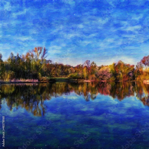 Oil paint on canvas wall art. Beauty landscape nature scene. Large size print. Touristic place. Vacation scene drawing. Beautiful view.