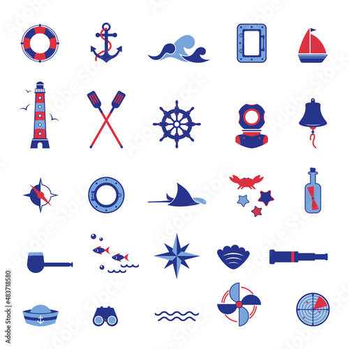 Vector set of icons on the theme of the sea, navigation, sea travel. Nautical illustration of objects of navigation, seafaring