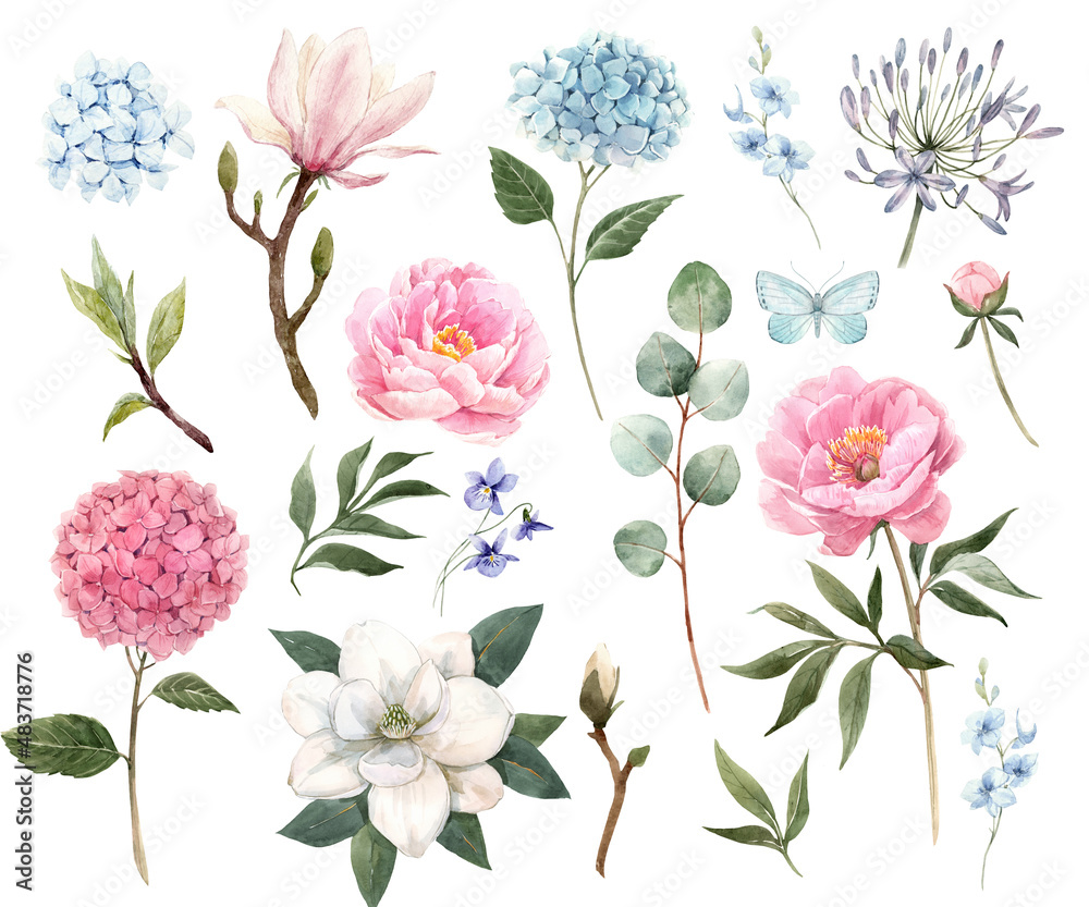 Beautiful set with watercolor hand drawn flowers. Stock illustration.