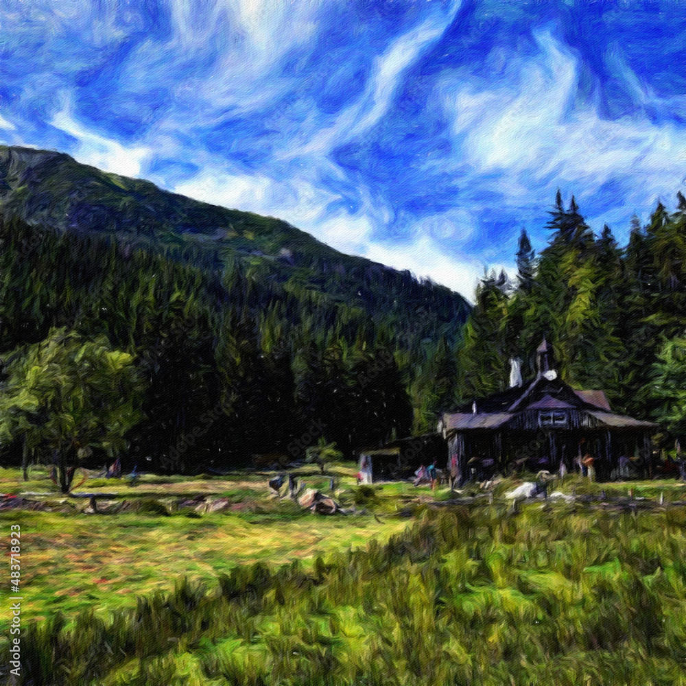 Fototapeta premium Oil paint on canvas wall art. Beauty landscape nature scene. Large size print. Touristic place. Vacation scene drawing. Beautiful view.