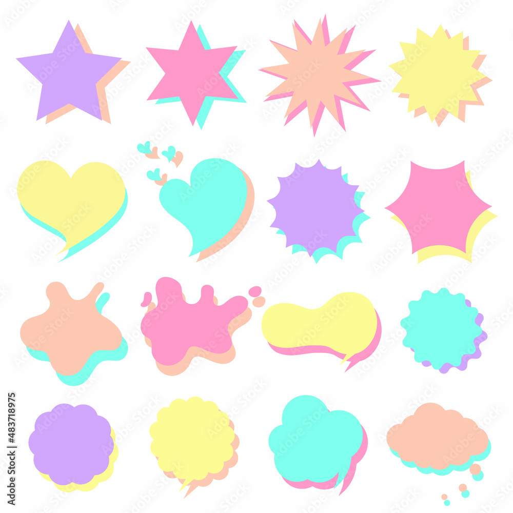 Collection of trendy colorful and glowing speech balloons. Variety the geometric shapes. Speech bubble for text in cartoon style with shadow. Graphic design frame for text. Design elements Collection of trendy colorful and glowing speech balloons. Variety the geometric shapes. Speech bubble for text in cartoon style with shadow. Graphic design frame for text. Design elements