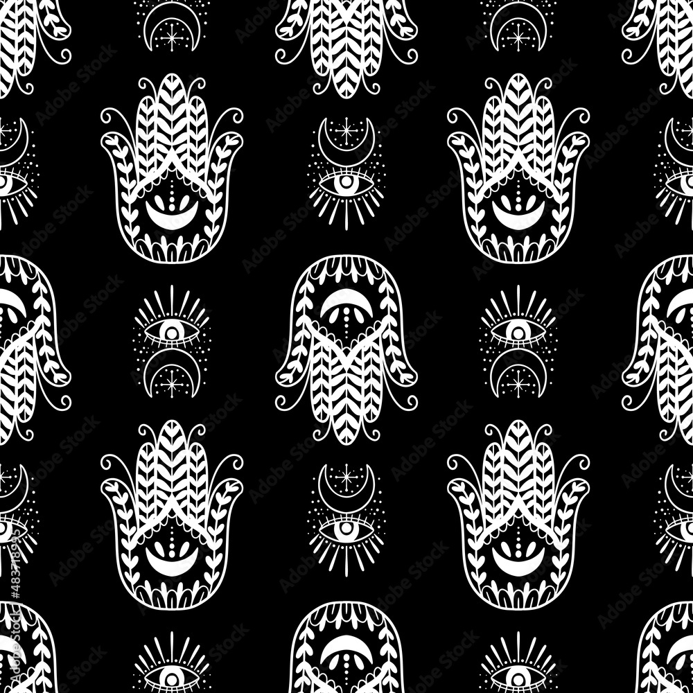 Fototapeta premium Mystic seamless pattern hamsa and evil eye symbol.Esoteric magic occult amulet.Abstract hand drawn style.