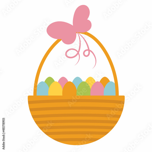 Easter basket with colored eggs . Isolated on white background. Variety pattern eggs. Cartoon flat vector illustration. Easter design element good for banner, card, poster, sticker, social media © Alena Abramova