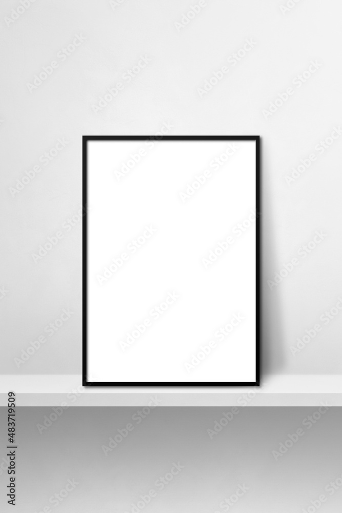 Black picture frame leaning on a white shelf. 3d illustration. Vertical background