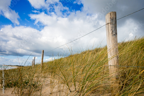 Sand dune and fence on a beach, Re Island, France