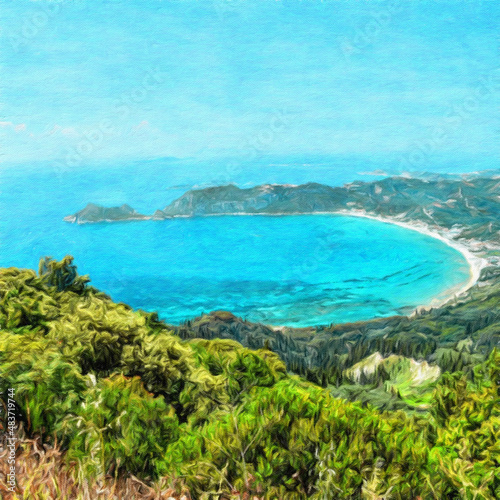 Oil paint on canvas wall art. Beauty landscape nature scene. Large size print. Touristic place. Vacation scene drawing. Beautiful view.