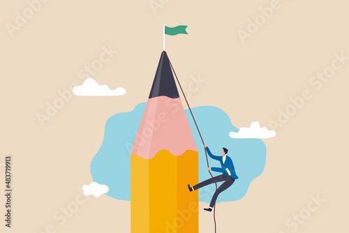 Creative challenge to reach goal and win business, idea, motivation and inspiration to achieve target concept, young creative man climbing pencil mountain to reach winning flag at the peak.