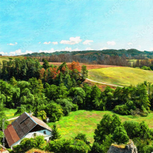 Oil paint on canvas wall art. Beauty landscape nature scene. Large size print. Touristic place. Vacation scene drawing. Beautiful view.