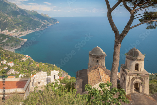 Ravello, Salerno. Panorama con le due chiesette verso il mare photo