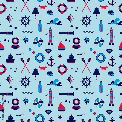 Vector seamless pattern of icons on the theme of the sea, navigation, sea travel. Nautical illustration of objects of navigation, seafaring