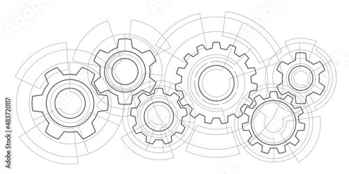 Technical drawing of gears .Engineering technology. Vector illustration.