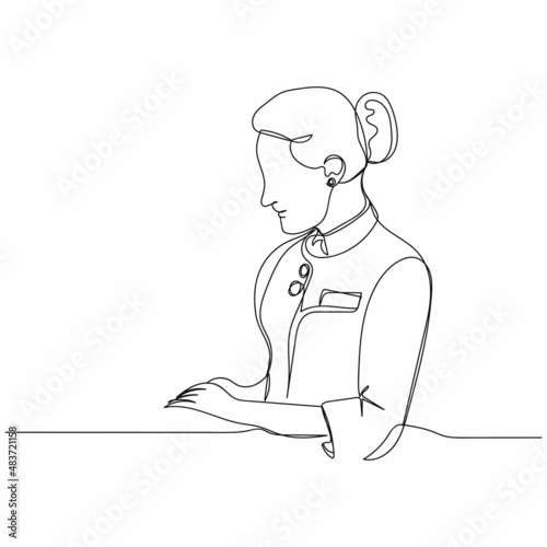 Continuous one simple single abstract line drawing of flight attendant in silhouette on a white background. Linear stylized.