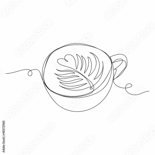 Continuous one simple single abstract line drawing of hot coffee latte in silhouette on a white background. Linear stylized.