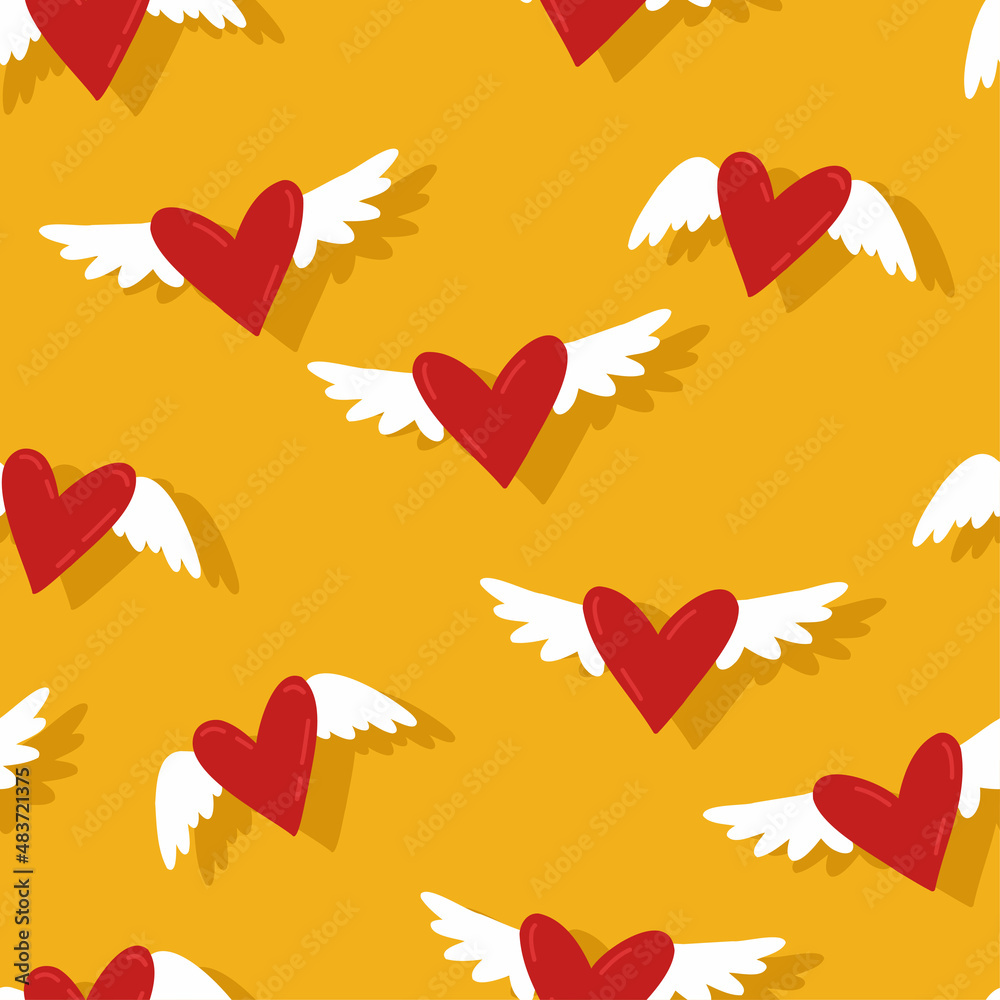 seamles pattern with hearts with wings on yellow. flat illustration seamles pattern with hearts with wings on yellow. flat illustration