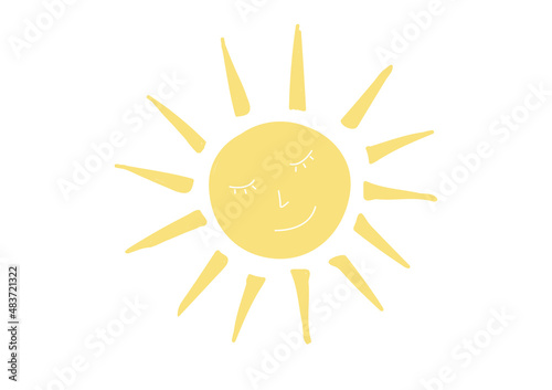 Yellow cute  sun with smile in hand drawn isolated on white background. Vector illustration. Can be signed for the design of cards, presentations, children's products