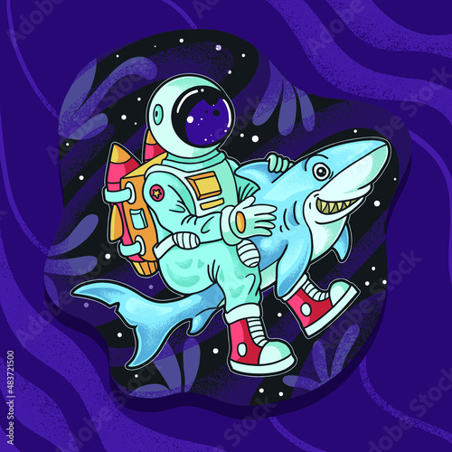 astronaut traveling with shark concept