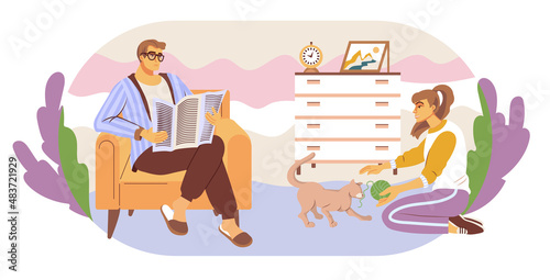 Cartoon young people. They sit in armchairs in the interior of a home living room, read books and newspapers. A girl plays with a cat. Home leisure.