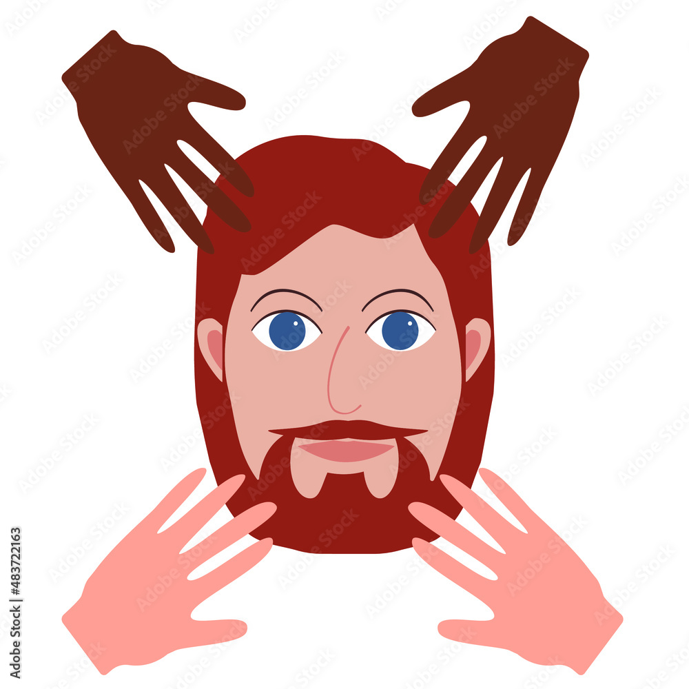 Male hipster cartoon character icon with human hands. Barbershop concept. Young man with beard and mustache. Male hipster cartoon character icon with human hands. Barbershop concept. Young man with beard and mustache.