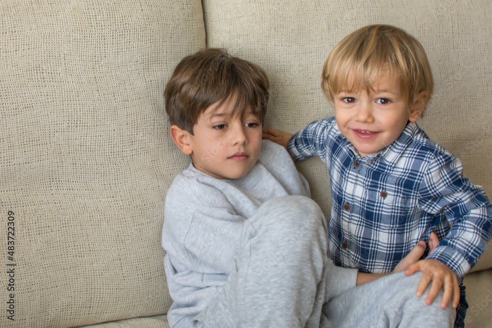 Children Playing On The Sofa.
Stock Photo Of 2 Blond And Caucasian Brothers Playing On The Couch And Laughing. 6 Year Old Boy And 2 Year Old Baby Enjoying The Weekend At Home. Family