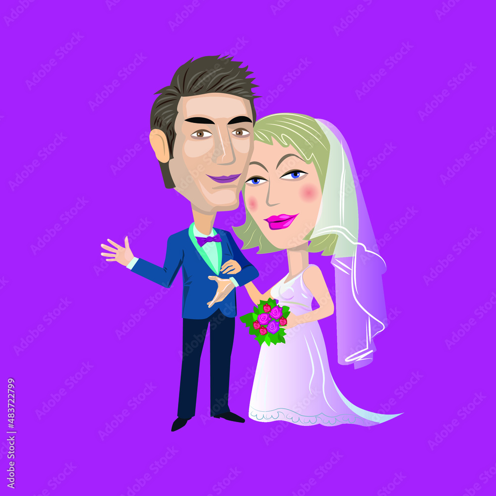 Hochzeit, Brautpaar mit Blumen im Pink Hintergrund, Vektorgrafik Hochzeit, Brautpaar mit Blumen im Pink Hintergrund, Vektorgrafik