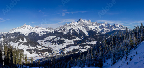 Wide panorama of Filzmoos and the surrounding countryside during wintertime (View from Rossbrand mountain) © Sander V.w.