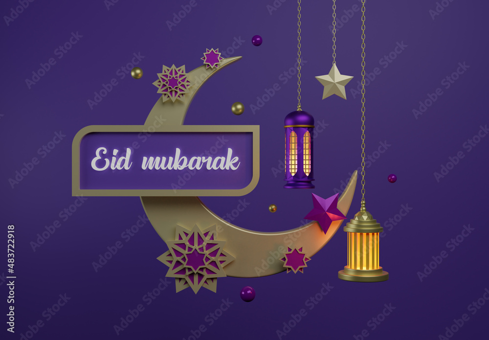 Eid Mubarak social media post template. Celebrate the Islami holiday. 3d rendering golden crescent moon and hanging lantern.