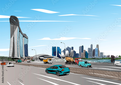 Singapore. Marina Bay Sands. Unusual perspective hand drawn sketch. City vector illustration