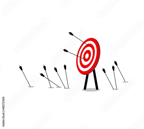 Hit the target. Man desperately trying to shoot arrows with bow to hit the bullseye but failed miserably. Vector artwork depicts failure, inaccurate, missing, and lousy.
