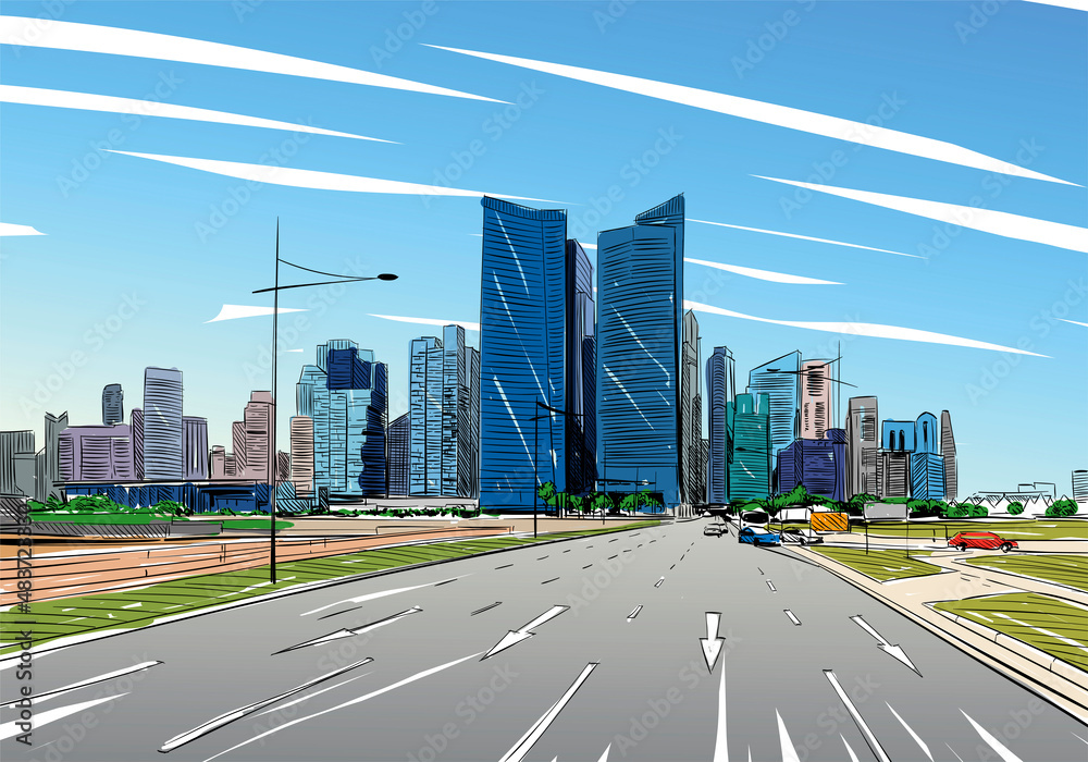 Singapore. Unusual perspective hand drawn sketch. City vector illustration