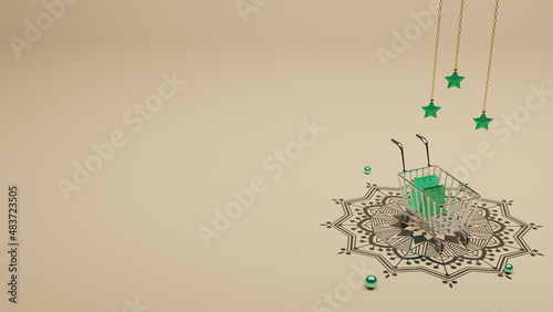 Online shopping concept with the shopping cart. Social media discount post. 3D rendering hanging star and mandala design.