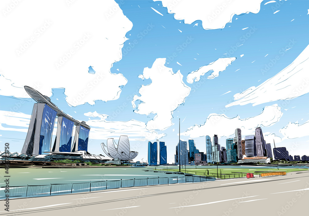 Singapore. Marina Bay Sands. Unusual perspective hand drawn sketch. City vector illustration - obrazy, fototapety, plakaty 